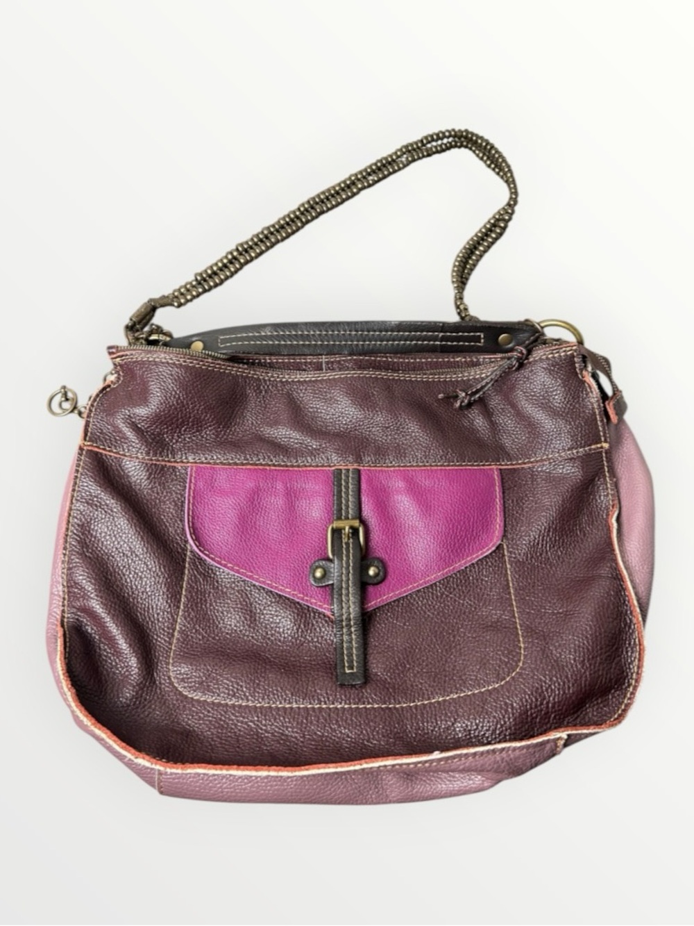 Italian Genuine Leather Burgundy & Pink Colourblock Hobo Shoulder Bag